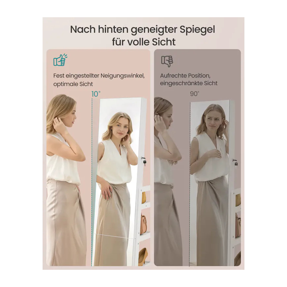 SONGMICS Schmuckschrank mit Ganzkörperspiegel und LED-Beleuchtung in Weiß - Bild 2