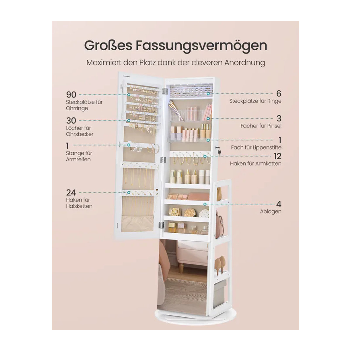 SONGMICS Schmuckschrank mit Ganzkörperspiegel und LED-Beleuchtung in Weiß - Bild 3