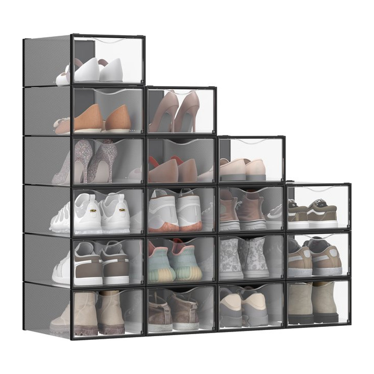 SONGMICS Schuhboxen Set aus Kunststoff in Schwarz, 18er Set stapelbare Schuh-Organizer mit Tür und durchsichtigem Design im minimalistischen Stil - Bild 1