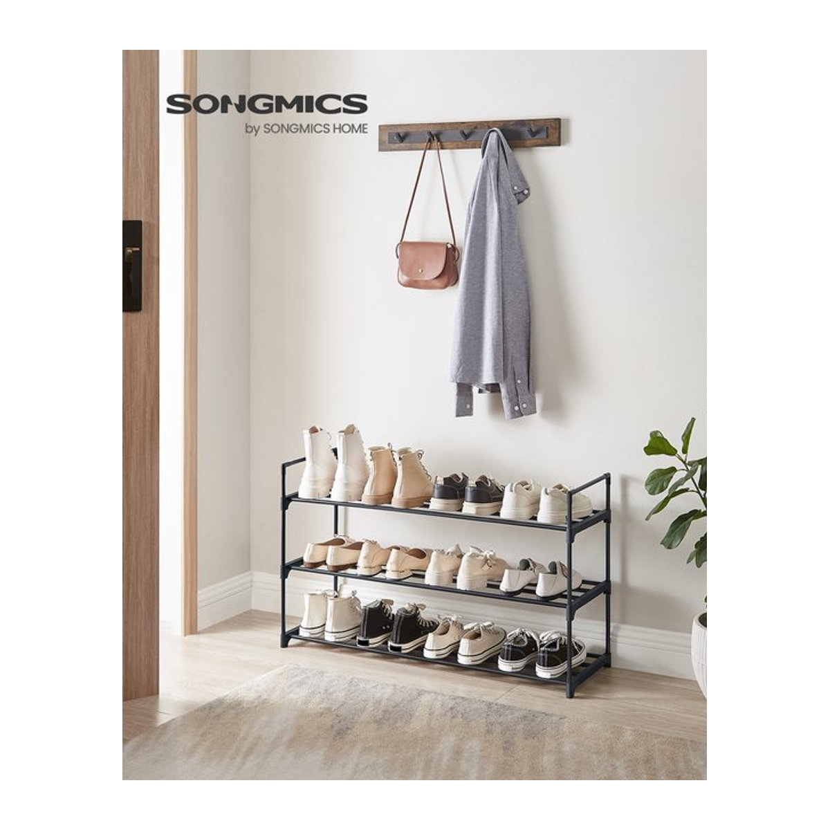 SONGMICS Schuhregal aus Metall in Schwarz mit 3 Ebenen als stapelbarer Schuh-Organizer für 12-15 Paar Schuhe - Bild 1