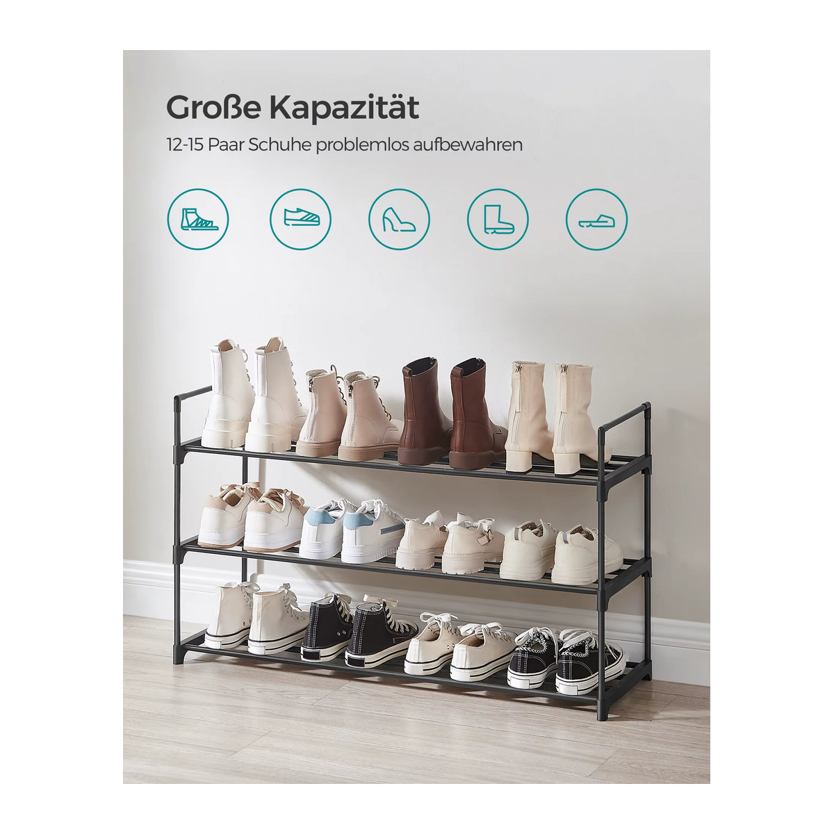 SONGMICS Schuhregal aus Metall in Schwarz mit 3 Ebenen als stapelbarer Schuh-Organizer für 12-15 Paar Schuhe - Bild 2
