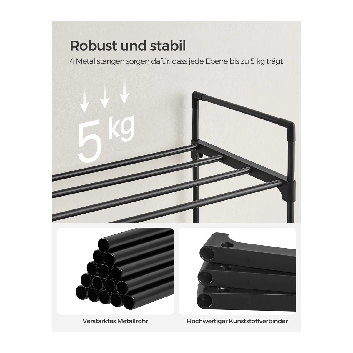 SONGMICS Schuhregal aus Metall in Schwarz mit 3 Ebenen als stapelbarer Schuh-Organizer für 12-15 Paar Schuhe - Bild 3