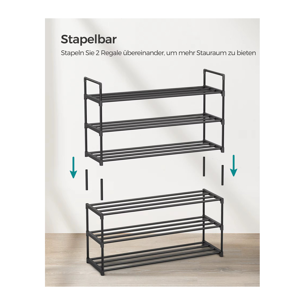 SONGMICS Schuhregal aus Metall in Schwarz mit 3 Ebenen als stapelbarer Schuh-Organizer für 12-15 Paar Schuhe - Bild 6