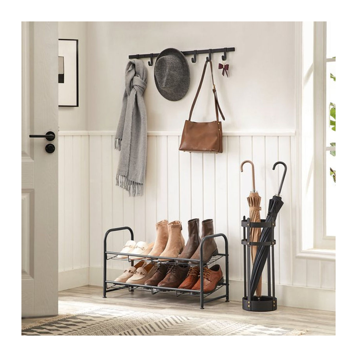 SONGMICS Schuhregal aus Stahl in Schwarz mit 2 Ablagen, stapelbarer Schuh-Organizer für bis zu 8 Paar Schuhe, B/T/H: 68,5 x 27,5 x 37 cm - Bild 1
