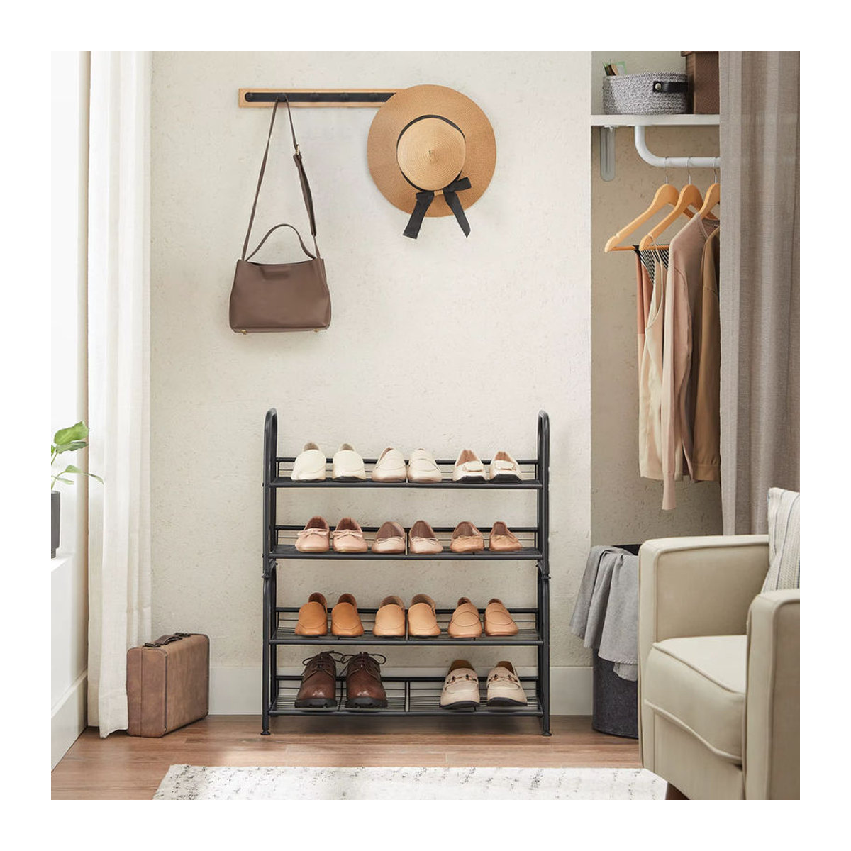 SONGMICS Schuhregal aus Stahl in Schwarz mit 2 Ablagen, stapelbarer Schuh-Organizer für bis zu 8 Paar Schuhe, B/T/H: 68,5 x 27,5 x 37 cm - Bild 4