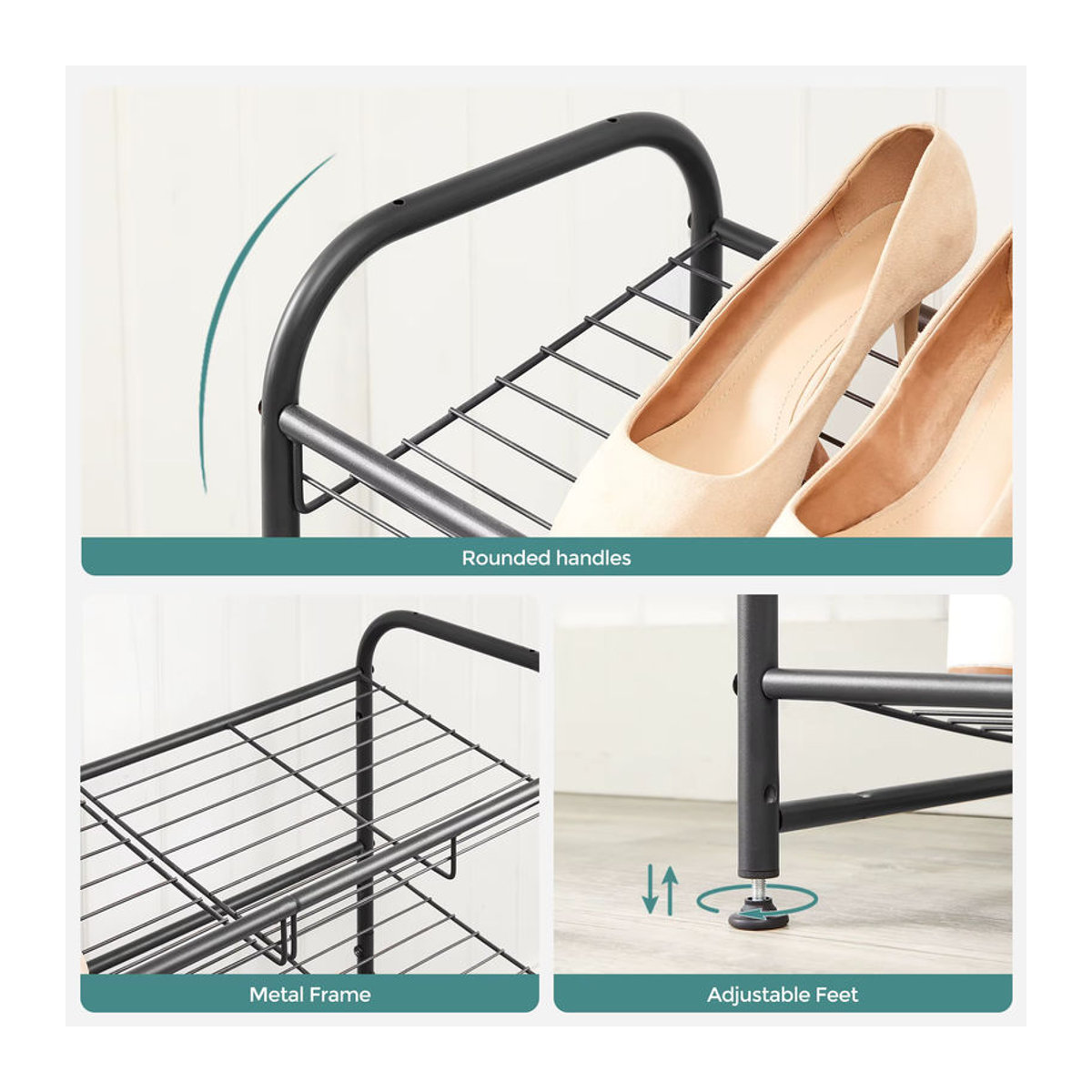 SONGMICS Schuhregal aus Stahl in Schwarz mit 2 Ablagen, stapelbarer Schuh-Organizer für bis zu 8 Paar Schuhe, B/T/H: 68,5 x 27,5 x 37 cm - Bild 6