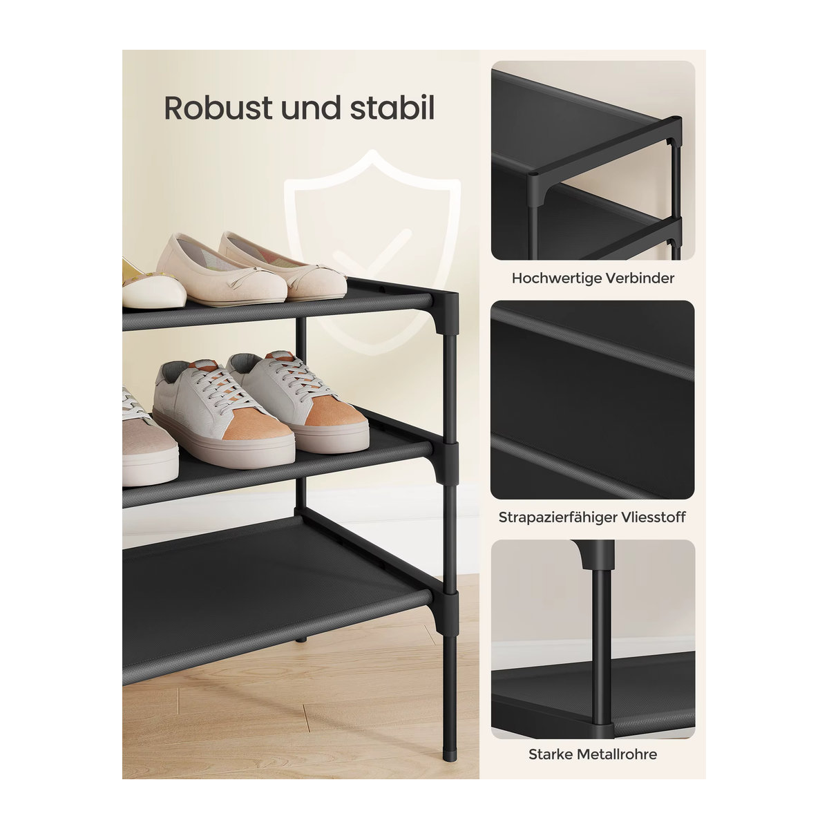SONGMICS Schuhregal mit 3 Ebenen aus Metall und Vliesstoff in Schwarz - Bild 2