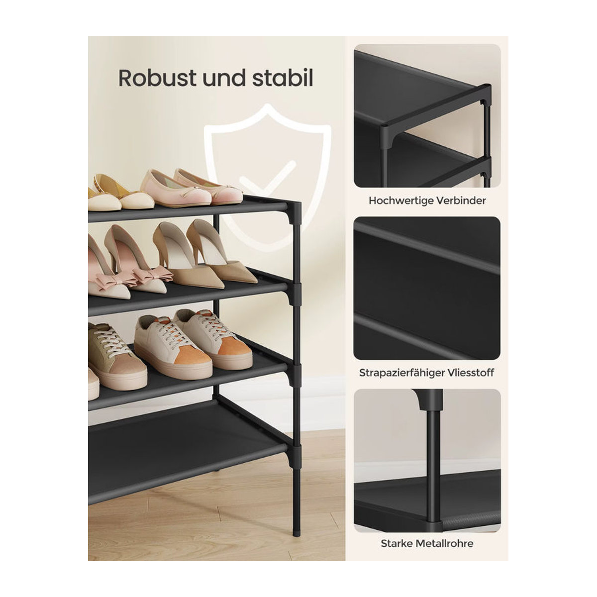 SONGMICS Schuhregal mit 4 Ebenen aus Metall und Vliesstoff in Schwarz, minimalistische Schuhaufbewahrung für den Eingangsbereich - Bild 2