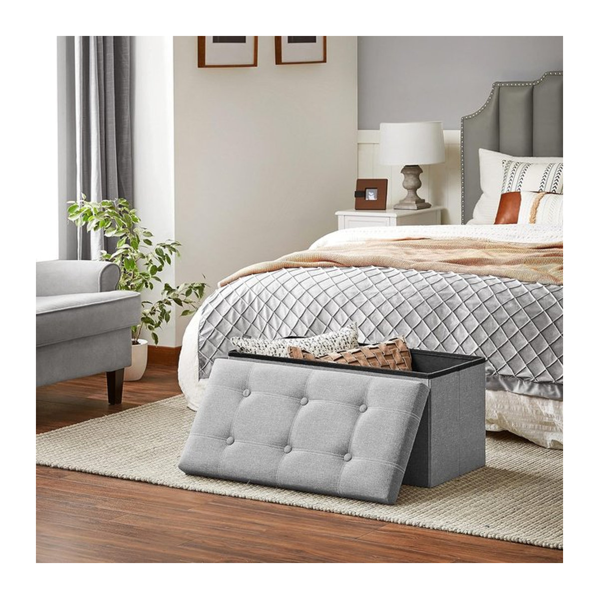 SONGMICS Sitzbank mit Stauraum als Sitztruhe und Sitzhocker, grau, Leinenimitat, B/T/H: 76 x 38 x 38 cm - Bild 1