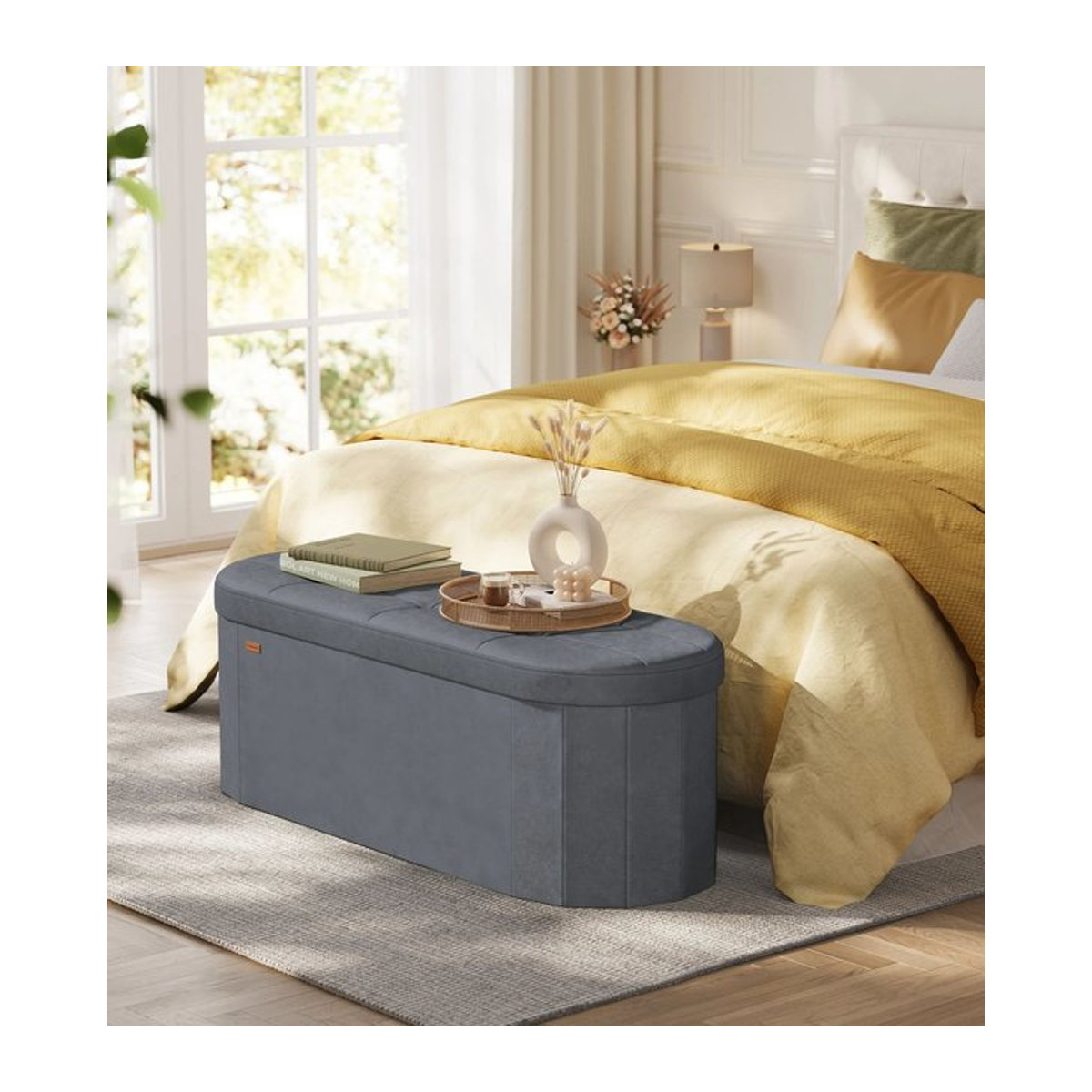 SONGMICS Sitzbank mit Stauraum aus Samt in Grau, Polsterhocker und Aufbewahrungsbox im modernen Design - Bild 1