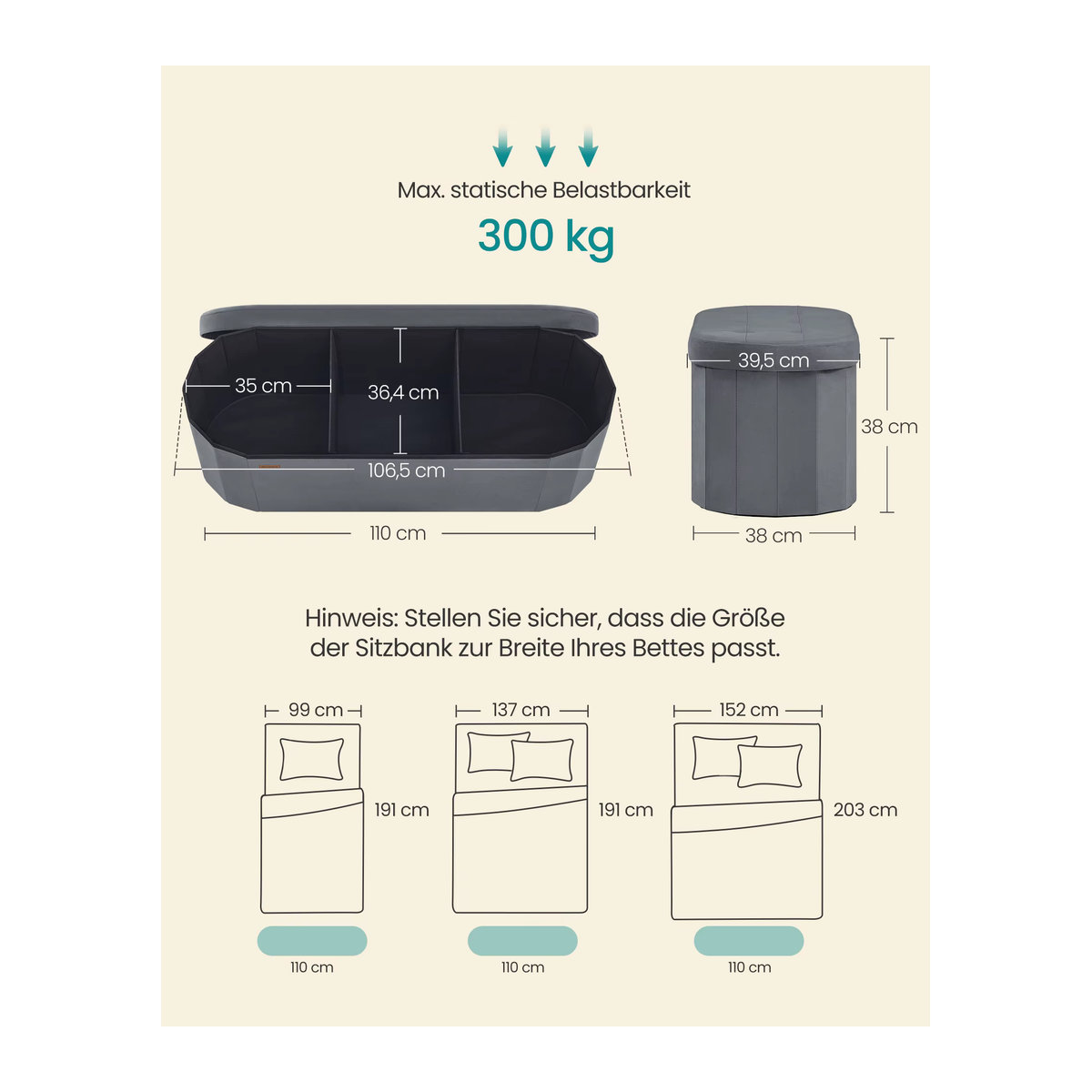 SONGMICS Sitzbank mit Stauraum aus Samt in Grau, Polsterhocker und Aufbewahrungsbox im modernen Design - Bild 2