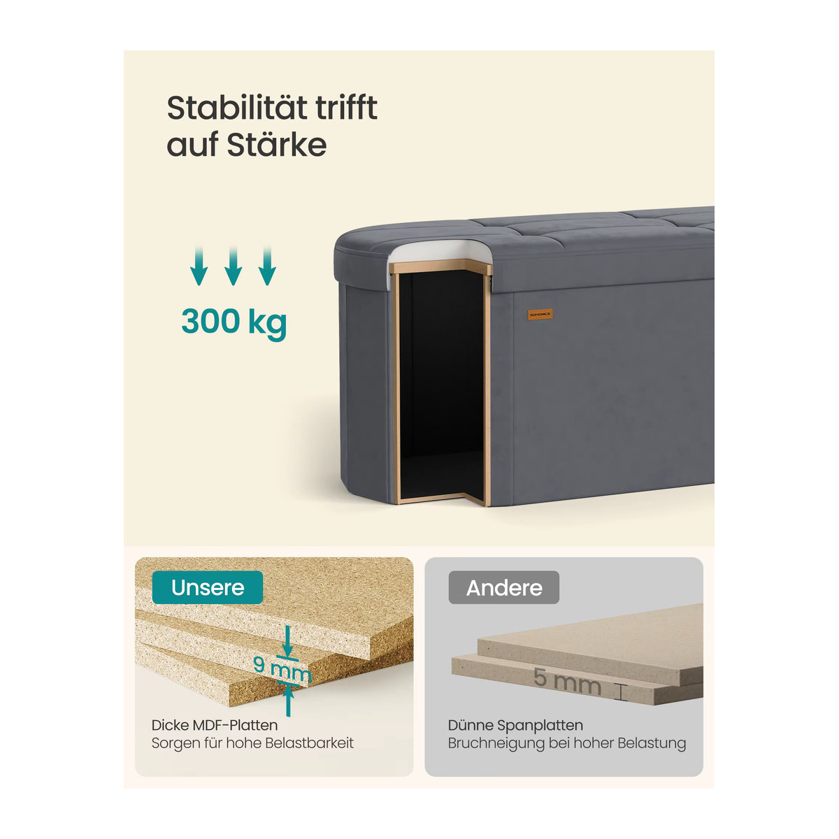 SONGMICS Sitzbank mit Stauraum aus Samt in Grau, Polsterhocker und Aufbewahrungsbox im modernen Design - Bild 3