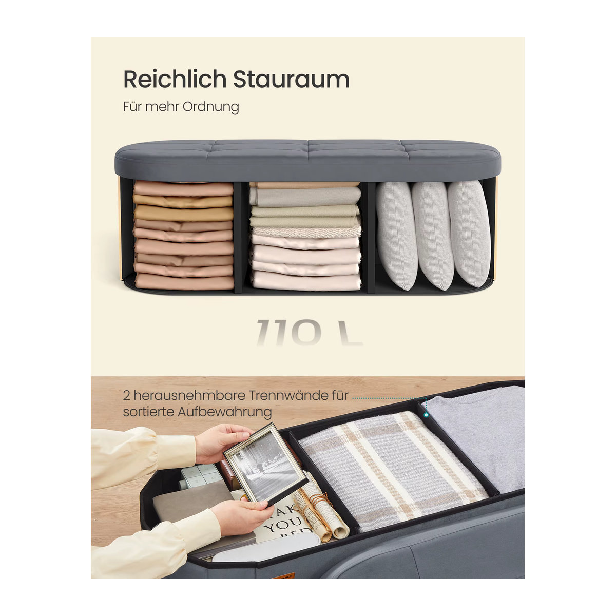 SONGMICS Sitzbank mit Stauraum aus Samt in Grau, Polsterhocker und Aufbewahrungsbox im modernen Design - Bild 4
