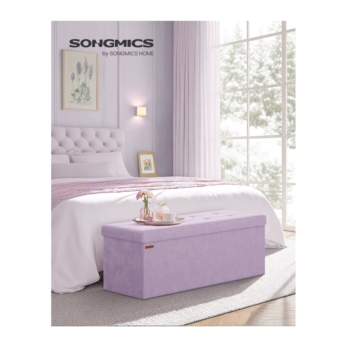 SONGMICS Sitzbank mit Stauraum aus Samt in Lavendellila, klappbare Sitztruhe im modernen Design, B/H/T: 110 x 38 x 38 cm - Bild 2