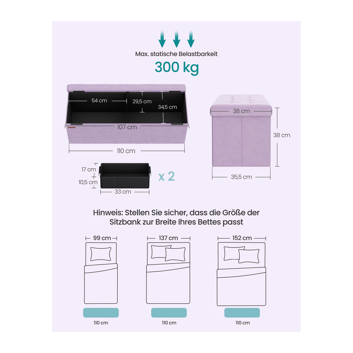 SONGMICS Sitzbank mit Stauraum aus Samt in Lavendellila, klappbare Sitztruhe im modernen Design, B/H/T: 110 x 38 x 38 cm - Bild 3