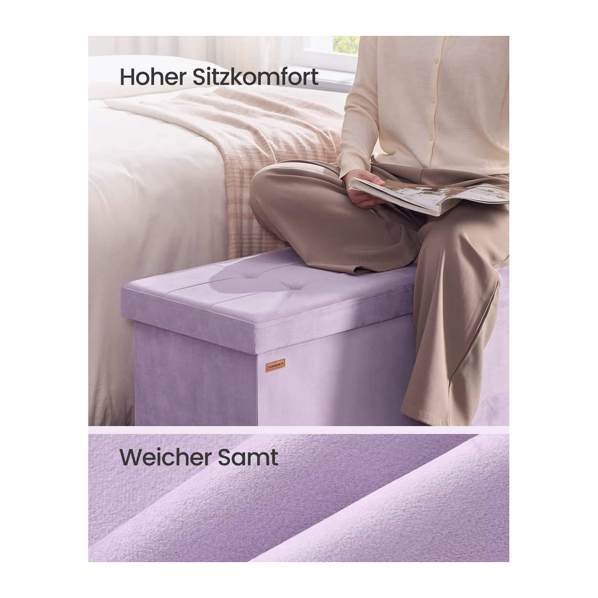 SONGMICS Sitzbank mit Stauraum aus Samt in Lavendellila, klappbare Sitztruhe im modernen Design, B/H/T: 110 x 38 x 38 cm - Bild 4