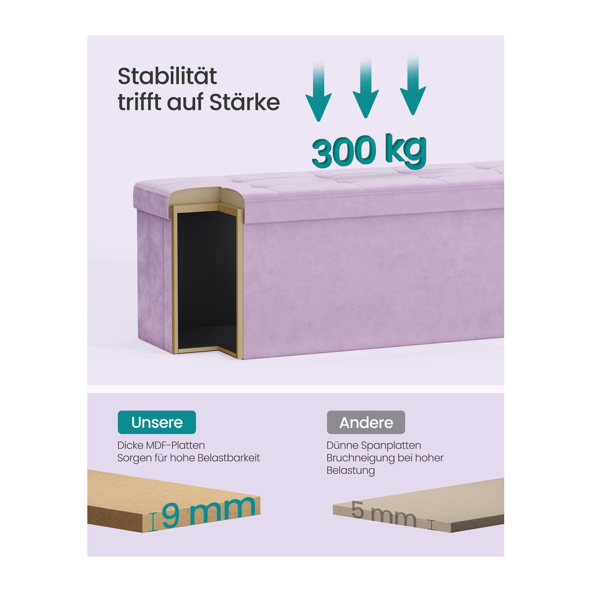 SONGMICS Sitzbank mit Stauraum aus Samt in Lavendellila, klappbare Sitztruhe im modernen Design, B/H/T: 110 x 38 x 38 cm - Bild 5