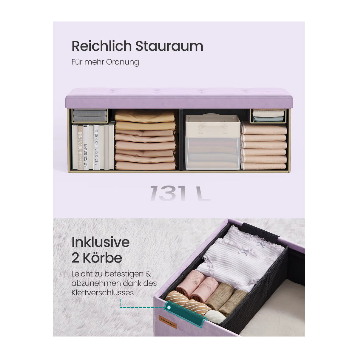 SONGMICS Sitzbank mit Stauraum aus Samt in Lavendellila, klappbare Sitztruhe im modernen Design, B/H/T: 110 x 38 x 38 cm - Bild 6