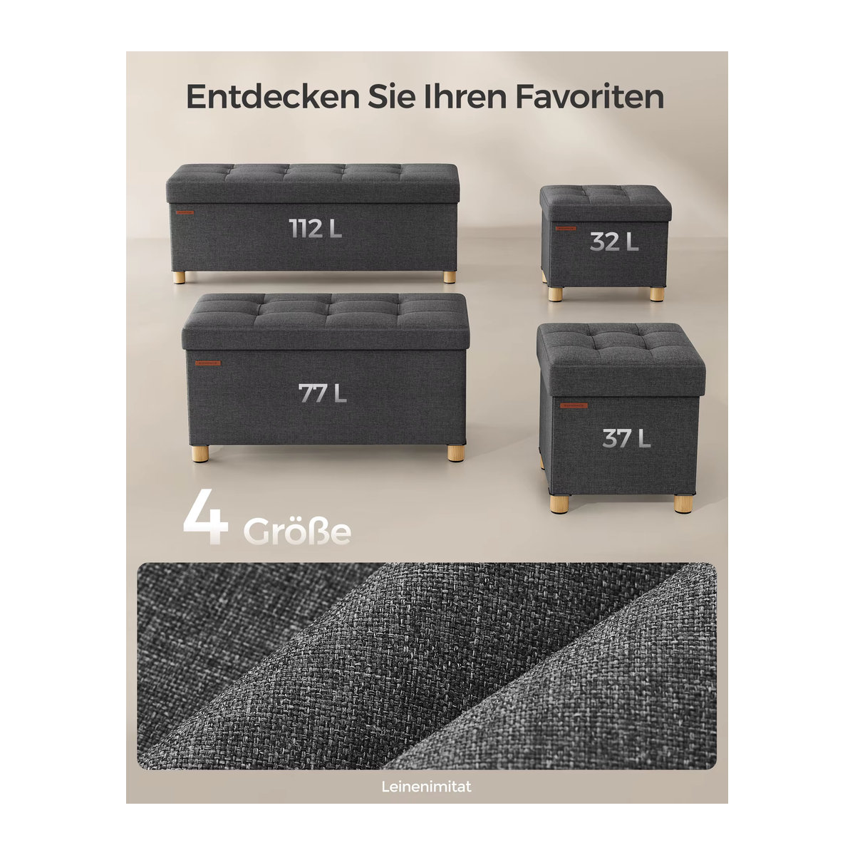 SONGMICS Sitzhocker als Sitzwürfel und Aufbewahrungsbox in Grau mit Holzfüßen und Deckel, B/T/H: 40 x 40 x 38 cm - Bild 4