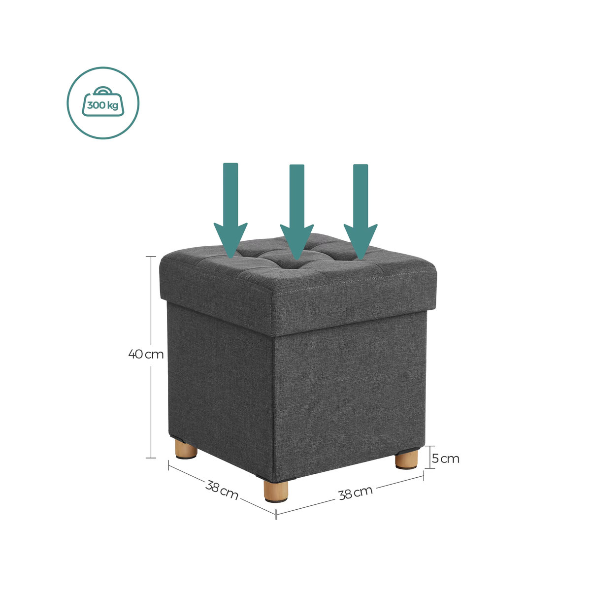 SONGMICS Sitzhocker als Sitzwürfel und Aufbewahrungsbox in Grau mit Holzfüßen und Deckel, B/T/H: 40 x 40 x 38 cm - Bild 6