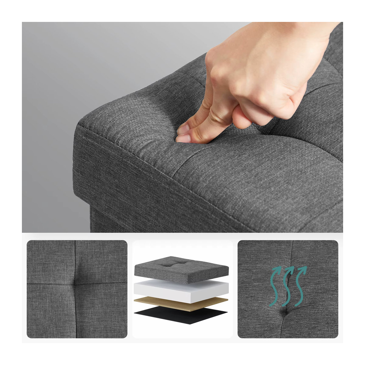 SONGMICS Sitzhocker als Sitzwürfel und Aufbewahrungsbox mit Holzfüßen und Deckel, Beige oder Grau, B/T/H: 40 x 40 x 38 cm - Bild 3