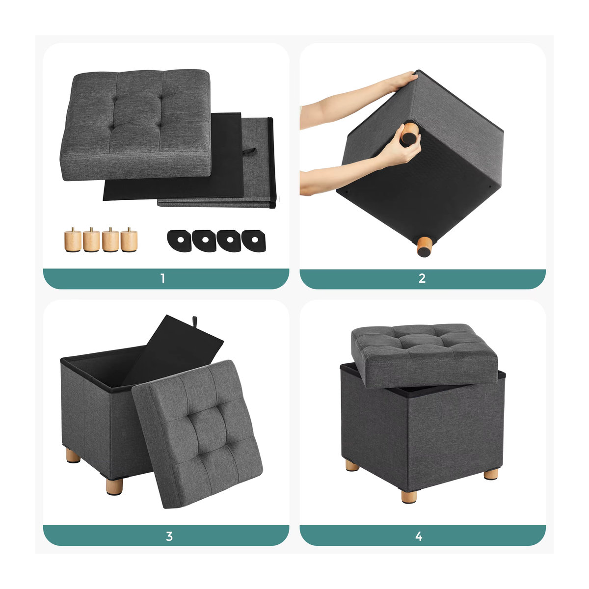 SONGMICS Sitzhocker als Sitzwürfel und Aufbewahrungsbox mit Holzfüßen und Deckel, Beige oder Grau, B/T/H: 40 x 40 x 38 cm - Bild 4