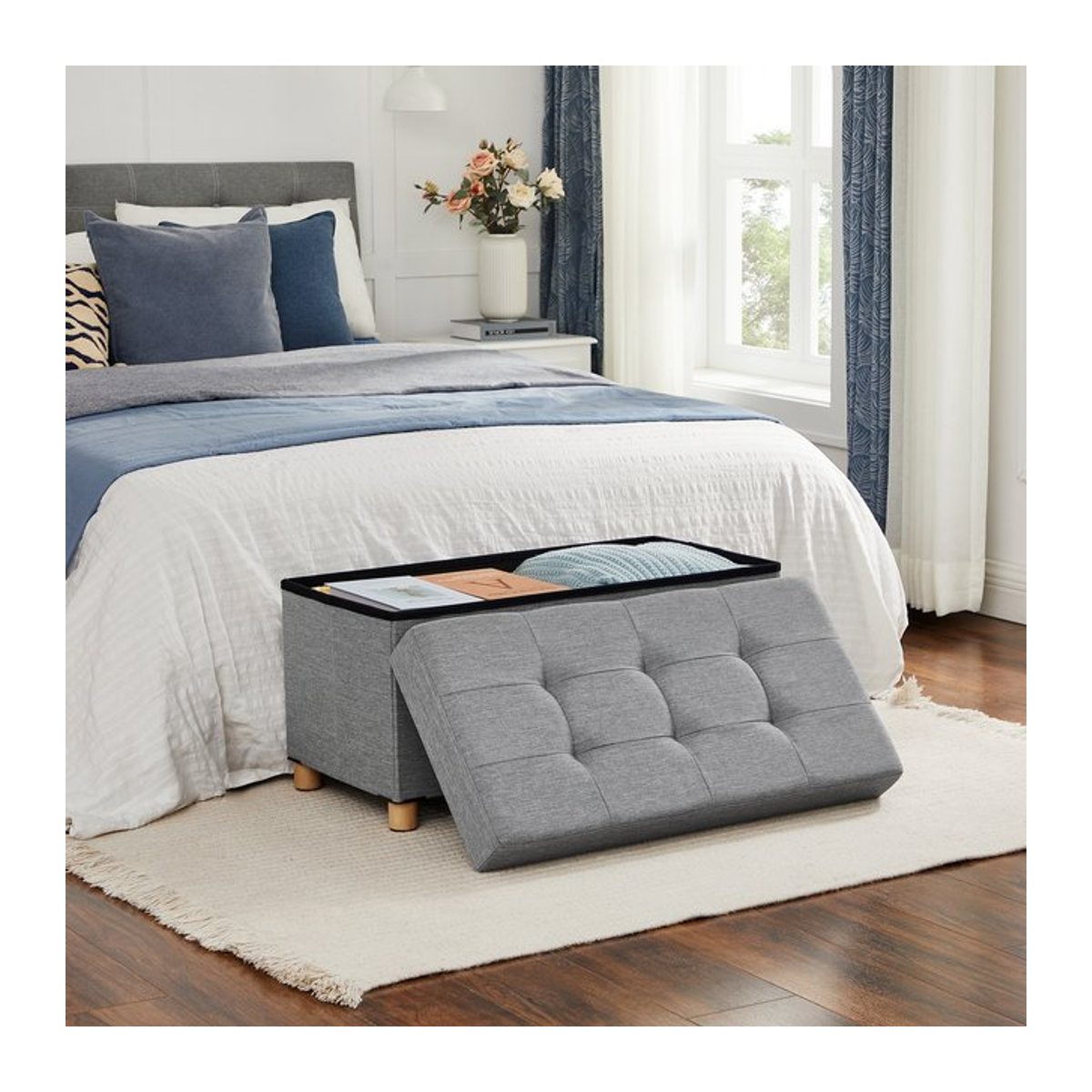 SONGMICS Sitzhocker mit Stauraum als klappbare Sitzbank und Aufbewahrungsbox in Grau, B/T/H: 76,1 x 40,1 x 40,1 cm - Bild 1
