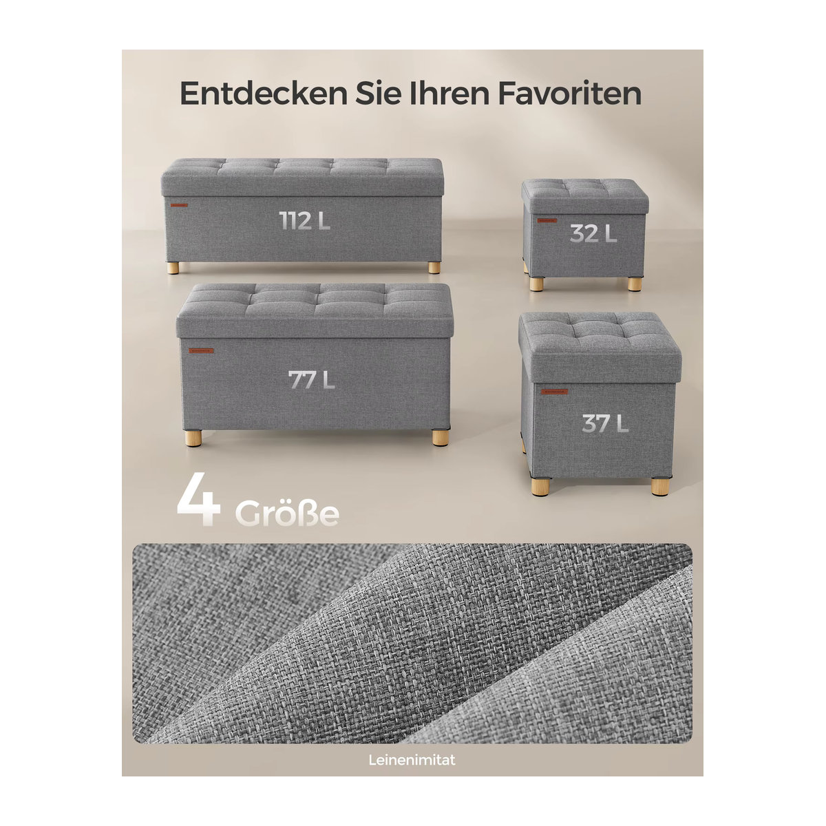 SONGMICS Sitzhocker mit Stauraum als klappbare Sitzbank und Aufbewahrungsbox in Grau, B/T/H: 76,1 x 40,1 x 40,1 cm - Bild 4