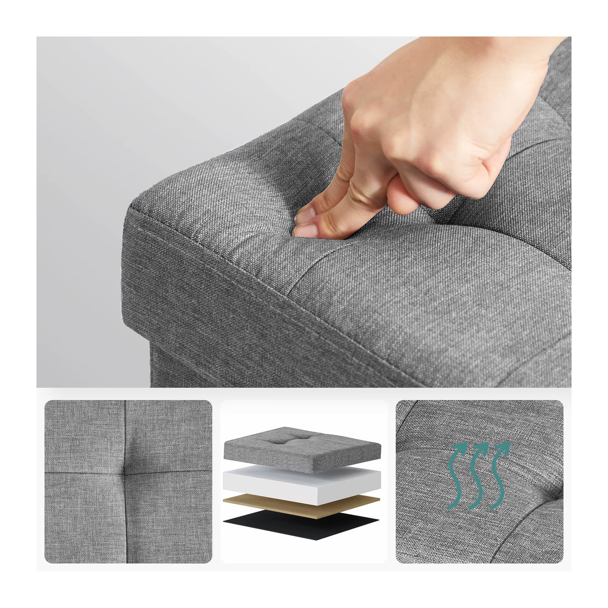 SONGMICS Sitzhocker mit Stauraum als klappbare Sitzbank und Aufbewahrungsbox in Grau, B/T/H: 76,1 x 40,1 x 40,1 cm - Bild 5