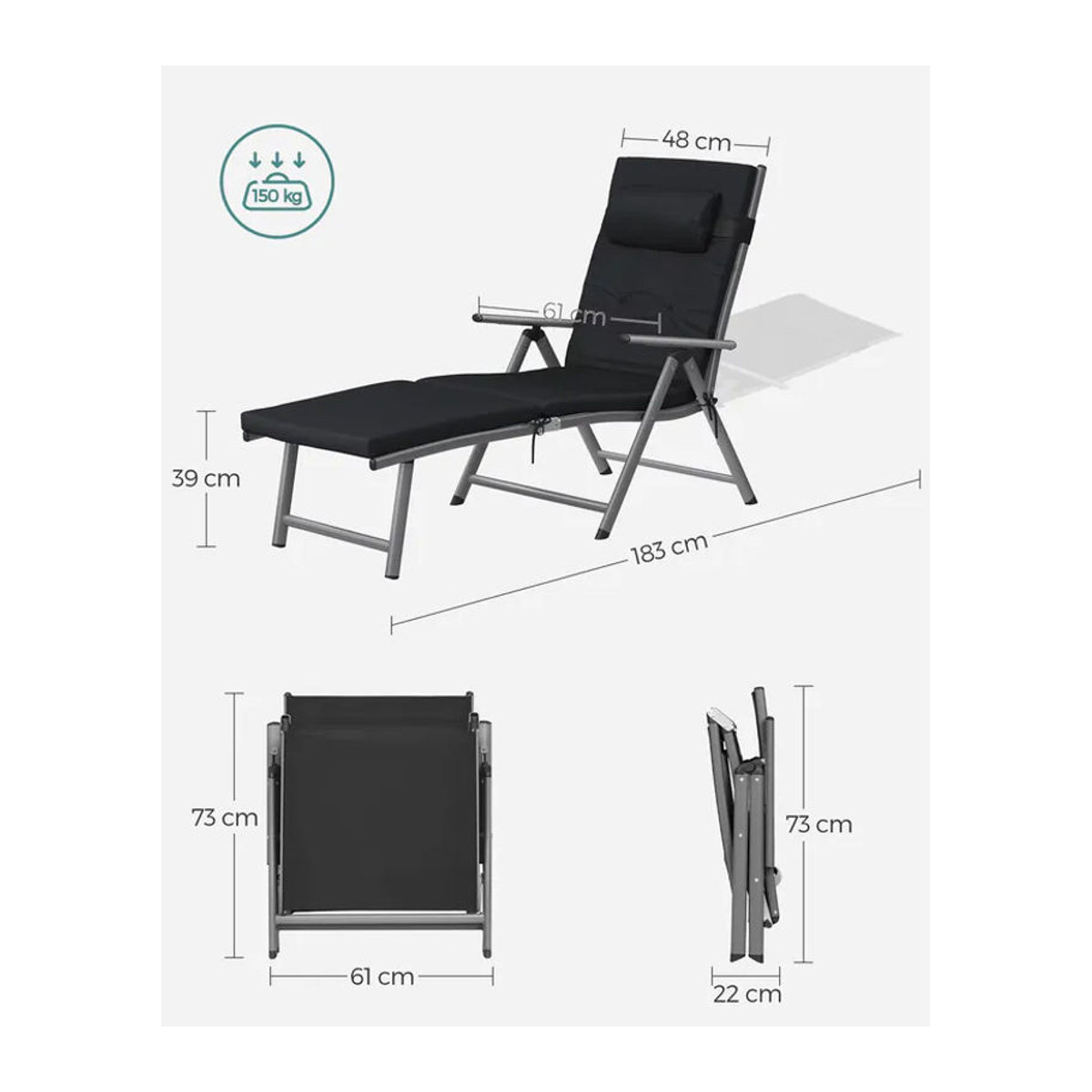 SONGMICS Sonnenliege aus rostfreiem Aluminium mit abnehmbarem Kopfkissen, klappbar und verstellbar, belastbar bis 150 kg - Bild 6