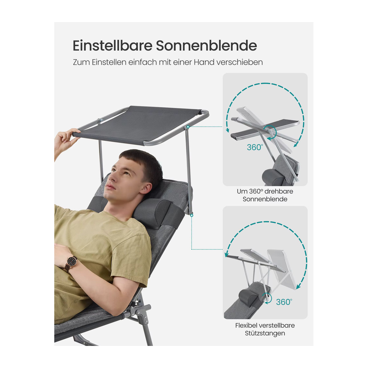 SONGMICS Sonnenliege mit 3 cm dicker Auflage, Kopfstütze und Sonnendach, klappbarer Liegestuhl aus Metall in Schwarz oder Grau - Bild 4