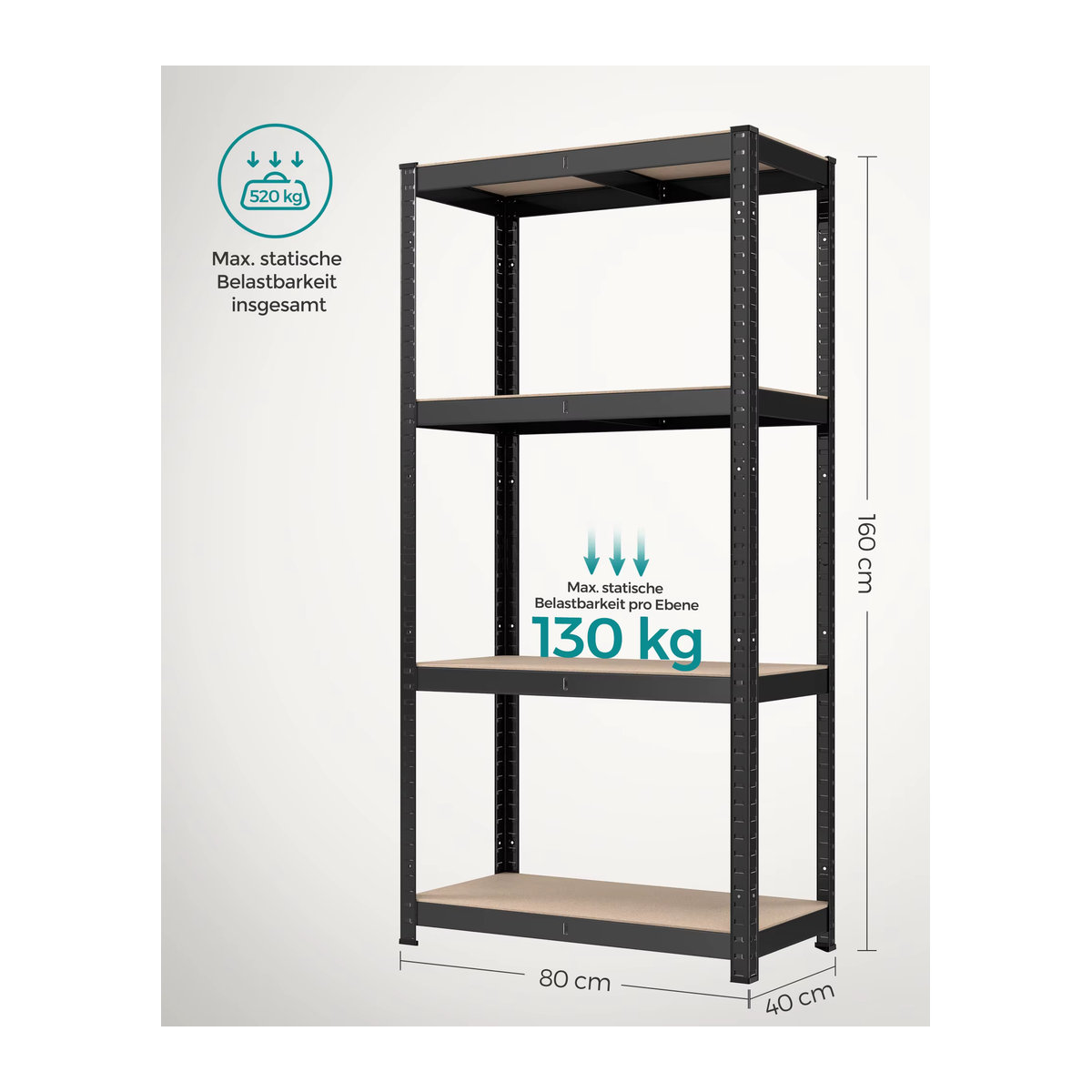 SONGMICS Standregal Küchenregal aus Metall in Schwarz mit 4 verstellbaren Ablagen, B/T/H: 40 x 80 x 160 cm - Bild 3