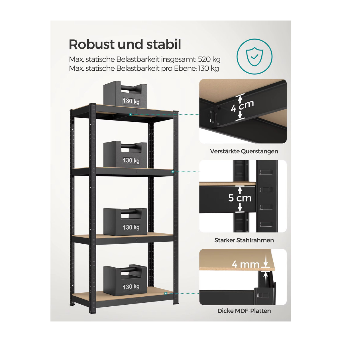 SONGMICS Standregal Küchenregal aus Metall in Schwarz mit 4 verstellbaren Ablagen, B/T/H: 40 x 80 x 160 cm - Bild 4