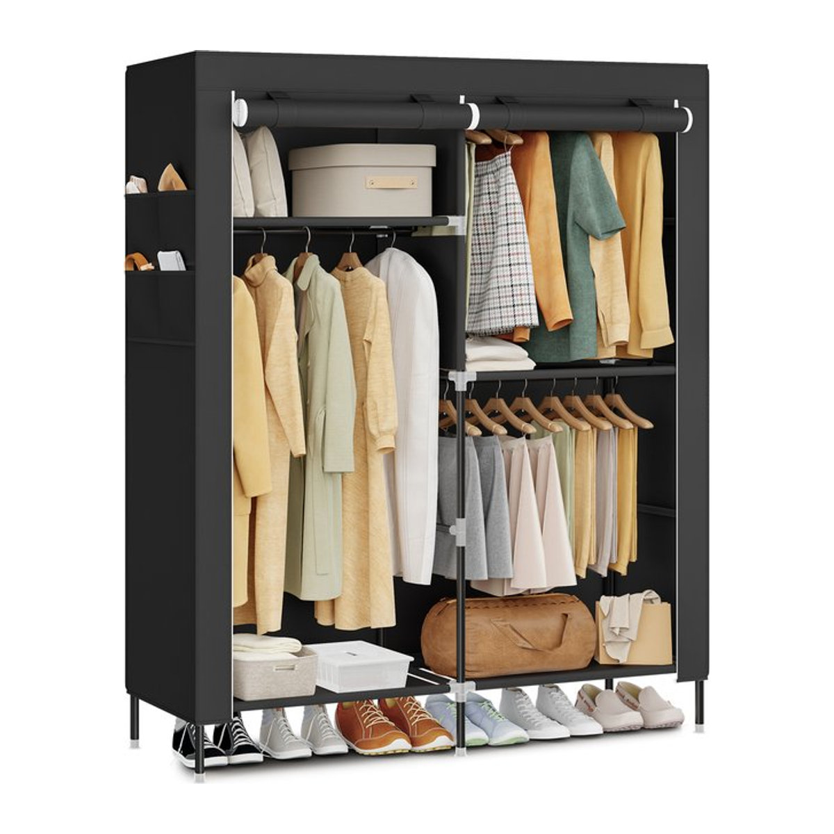 SONGMICS Stoffschrank mit Kleiderstange und Seitentaschen in Schwarz mit 3 Hängefächern und minimalistischem Design - Bild 1