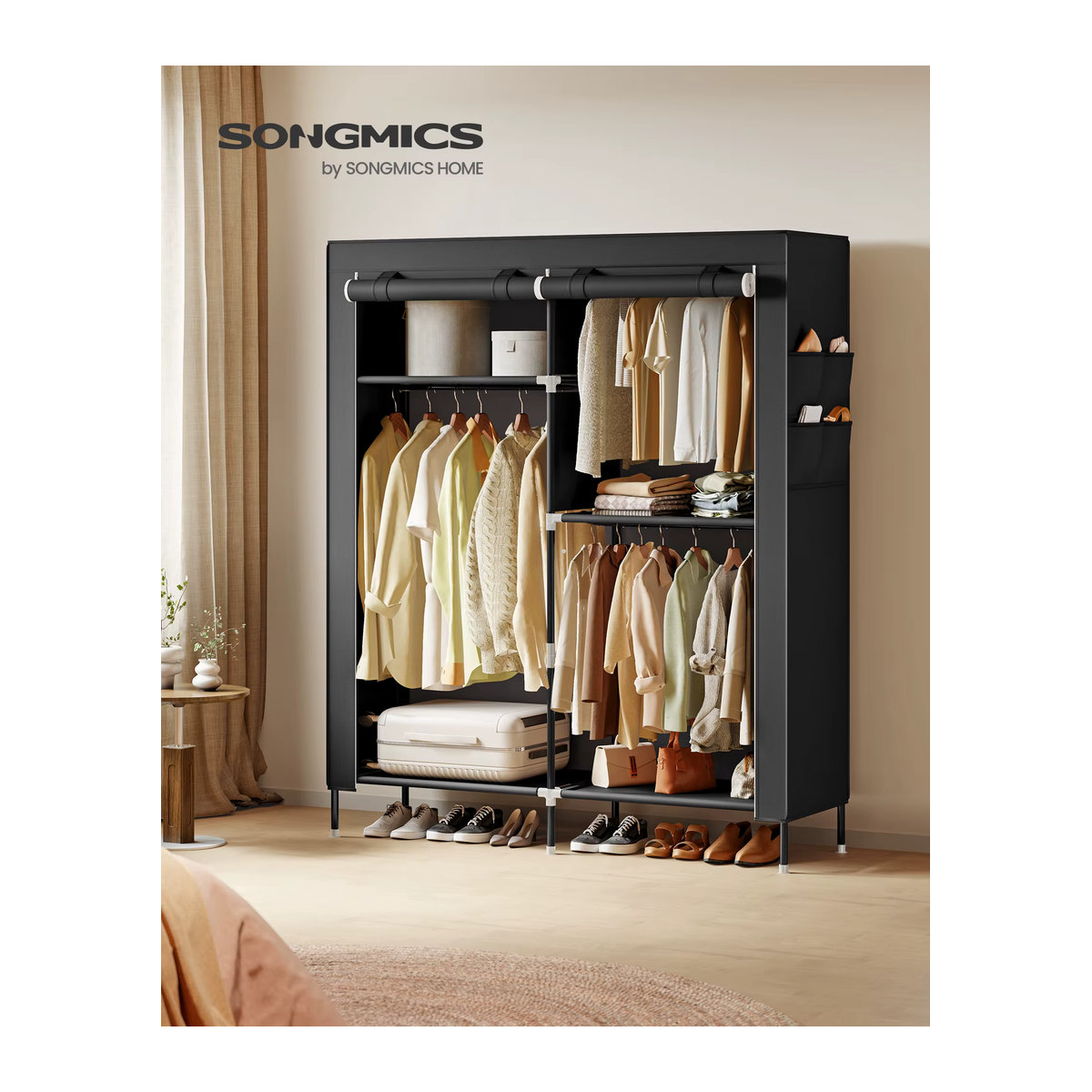 SONGMICS Stoffschrank mit Kleiderstange und Seitentaschen in Schwarz mit 3 Hängefächern und minimalistischem Design - Bild 2