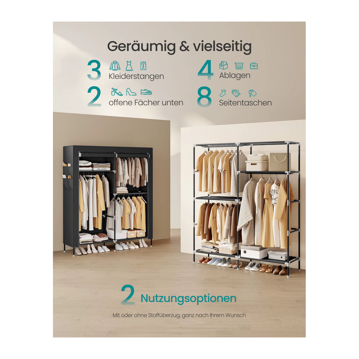 SONGMICS Stoffschrank mit Kleiderstange und Seitentaschen in Schwarz mit 3 Hängefächern und minimalistischem Design - Bild 3