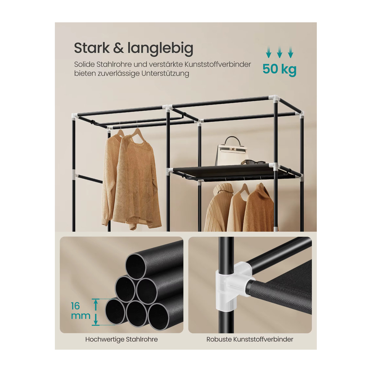 SONGMICS Stoffschrank mit Kleiderstange und Seitentaschen in Schwarz mit 3 Hängefächern und minimalistischem Design - Bild 4