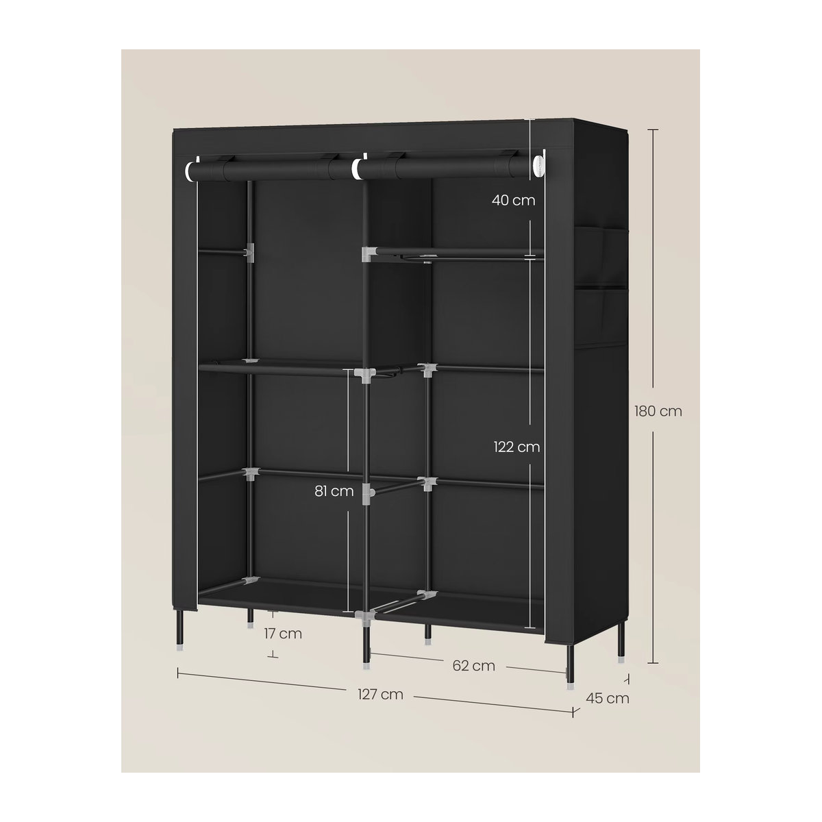 SONGMICS Stoffschrank mit Kleiderstange und Seitentaschen in Schwarz mit 3 Hängefächern und minimalistischem Design - Bild 5