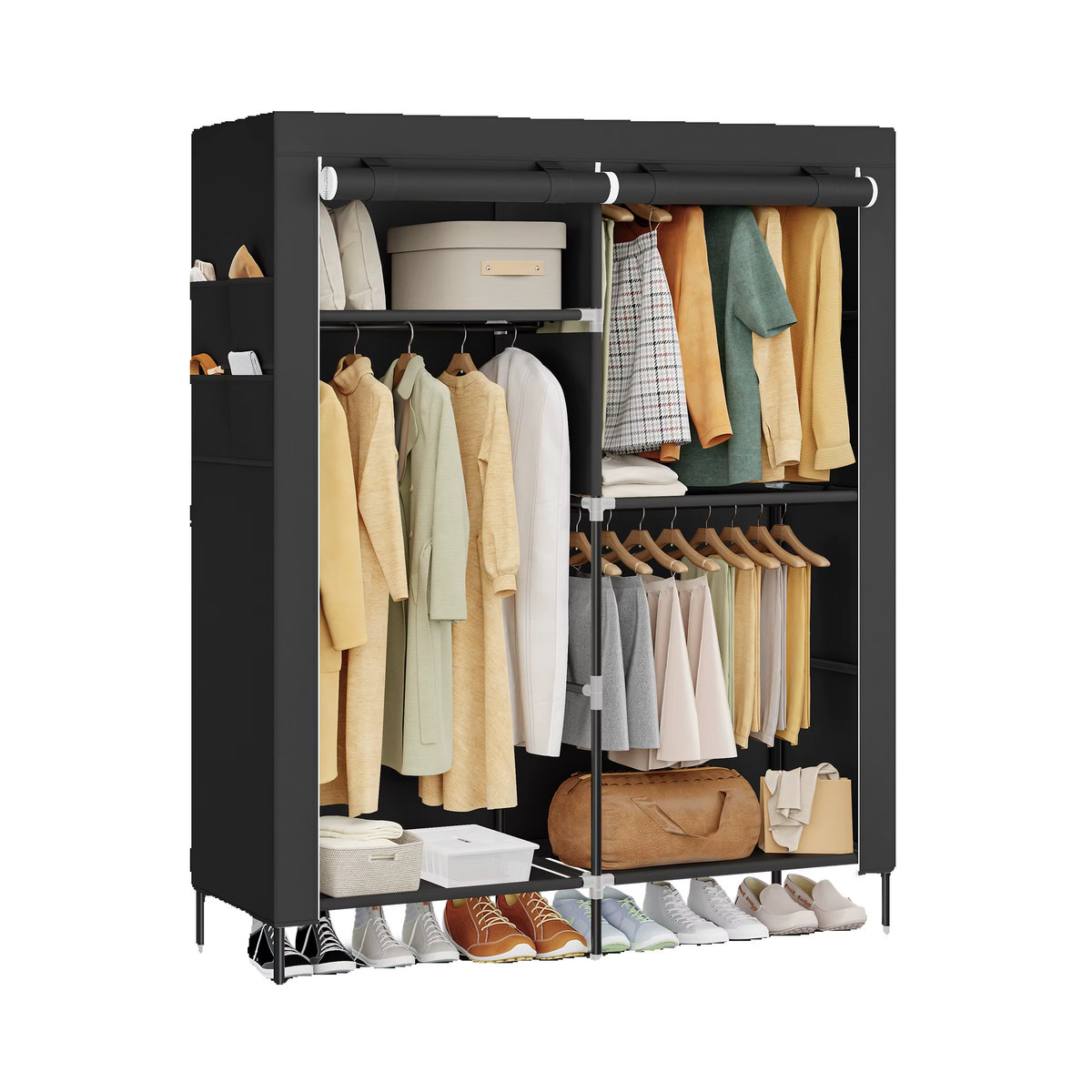 SONGMICS Stoffschrank mit Kleiderstange und Seitentaschen in Schwarz mit 3 Hängefächern und minimalistischem Design - Bild 6