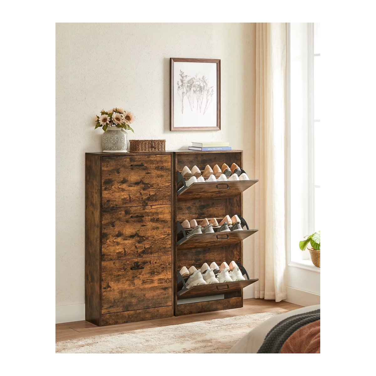 SONGMICS VASAGLE Schuhschrank mit 3 Klappen und 3 Ebenen in Vintagebraun, B/T/H: 60 x 24 x 120 cm - Bild 1