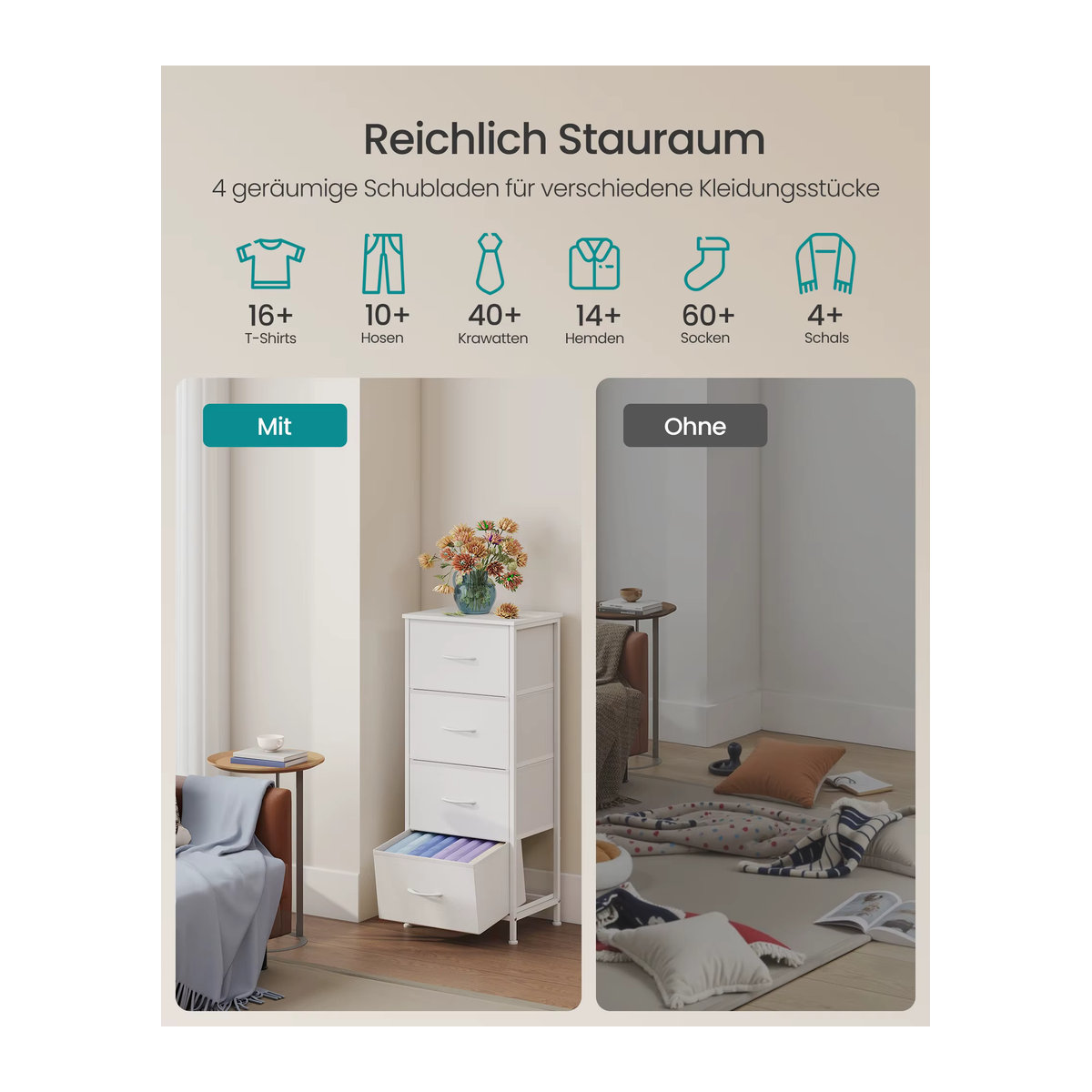 SONGMICS Wäschekommode mit 4 Stoffschubladen aus Stahl und MDF in minimalistischem Design, erhältlich in Braun, Schwarz oder Weiß - Bild 3