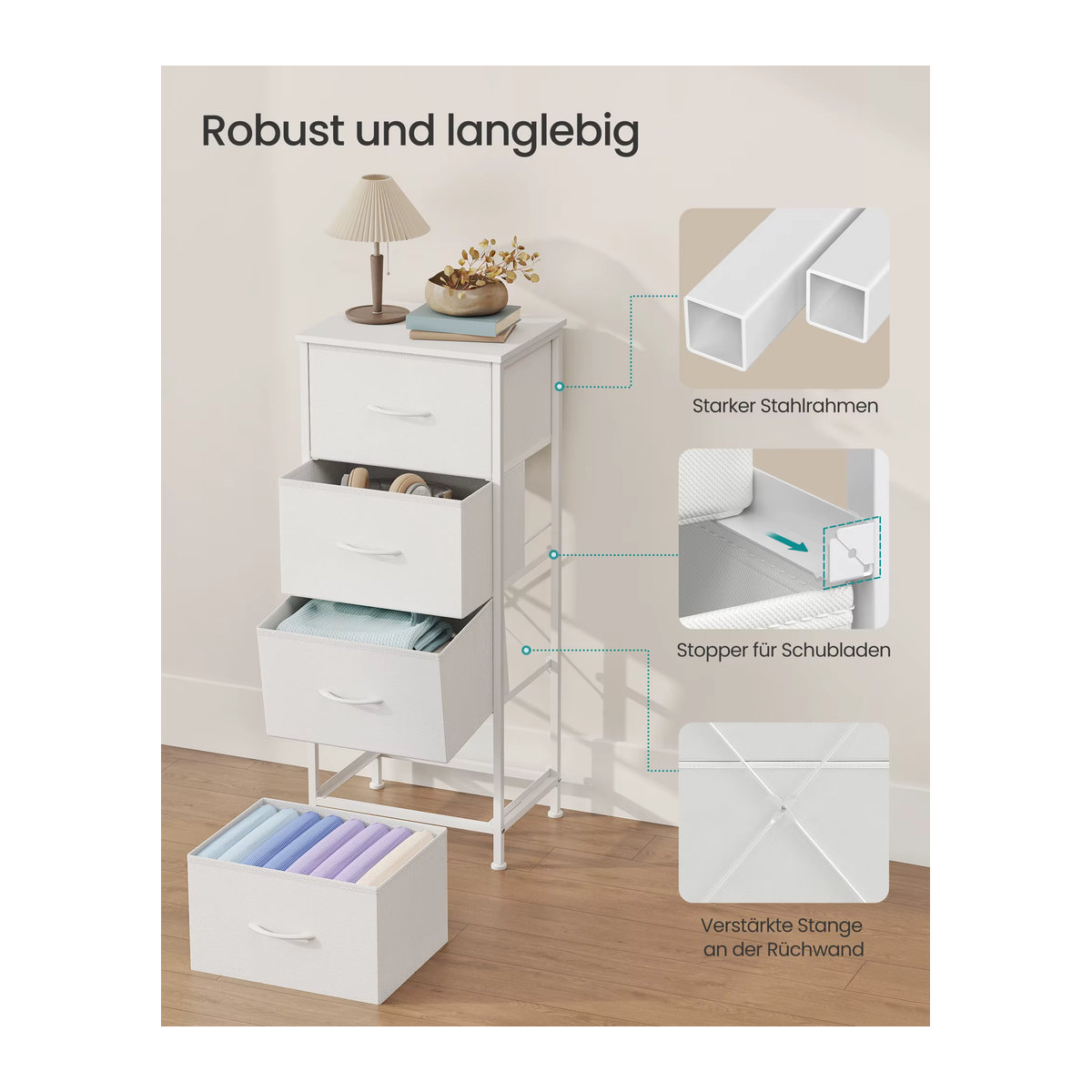 SONGMICS Wäschekommode mit 4 Stoffschubladen aus Stahl und MDF in minimalistischem Design, erhältlich in Braun, Schwarz oder Weiß - Bild 5