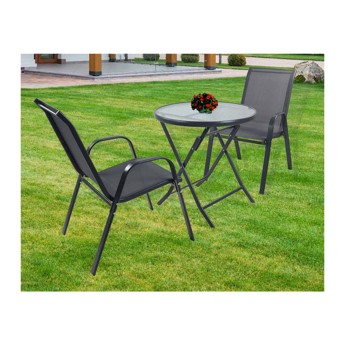 Sonlas VCM 3-tlg Gartenmöbel Set Essgruppe in Anthrazit mit Glastisch und 2 Stühlen, Modern - Bild 3