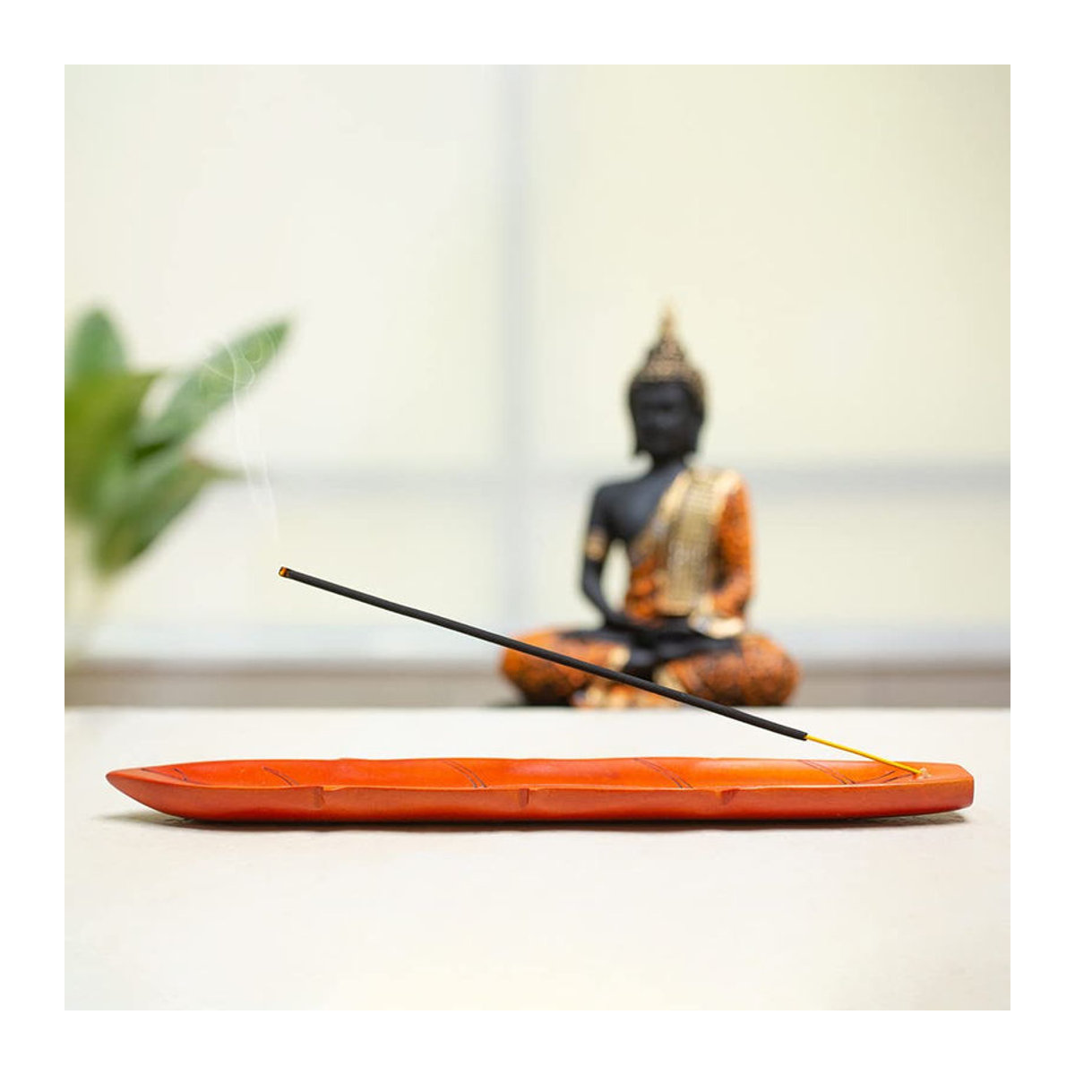 Soulveda Cycle Pure Räucherstäbchenhalter aus Teakholz in Blattform mit Aschenauffangschale, Orange - Bild 1
