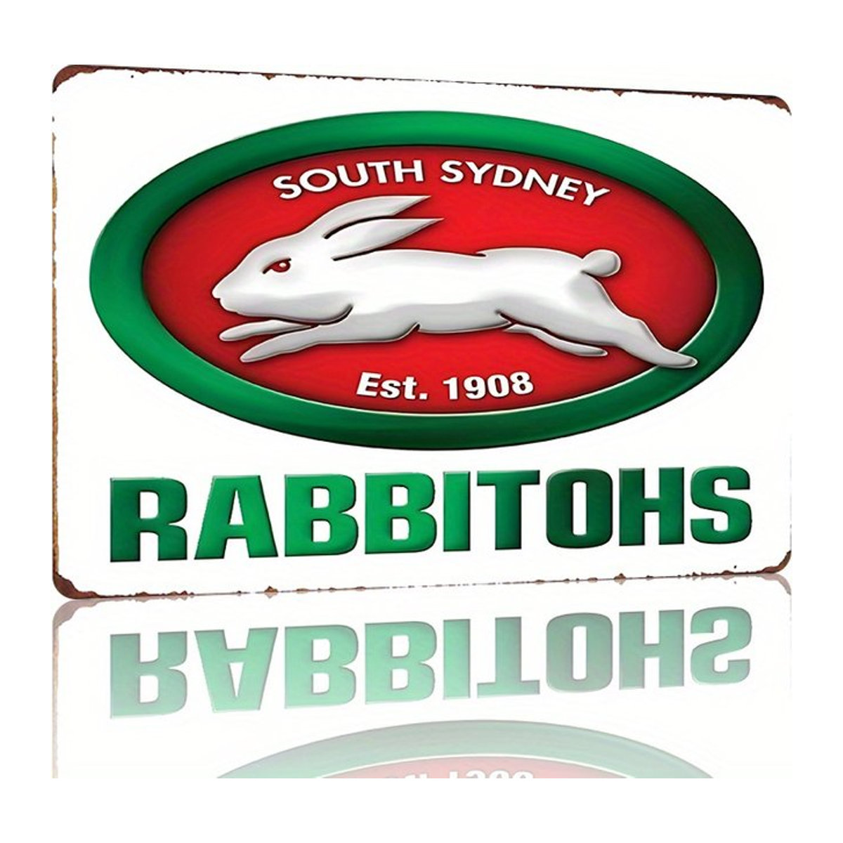 South Sydney Rabbitohs Rugby League Team Vintage-Metallblechschild mit springendem Kaninchen-Logo, mehrfarbig, Rechteckig, B/H: 20 x 14 cm - Bild 1