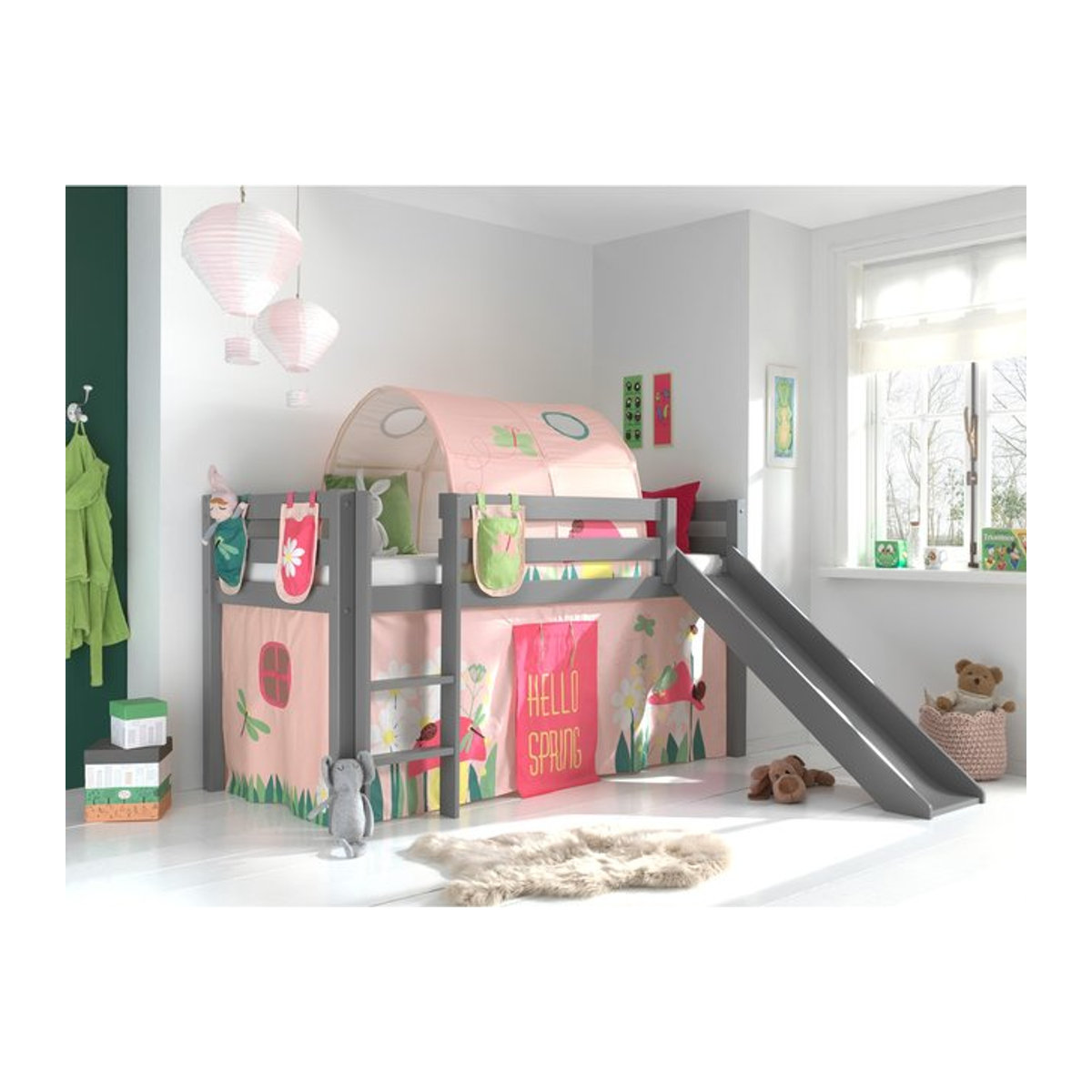 Spielbett Pino von Vipack mit Rutsche und Textilset aus Vorhang, Tunnel und 3 Taschen in Grau oder Bunt - Bild 1