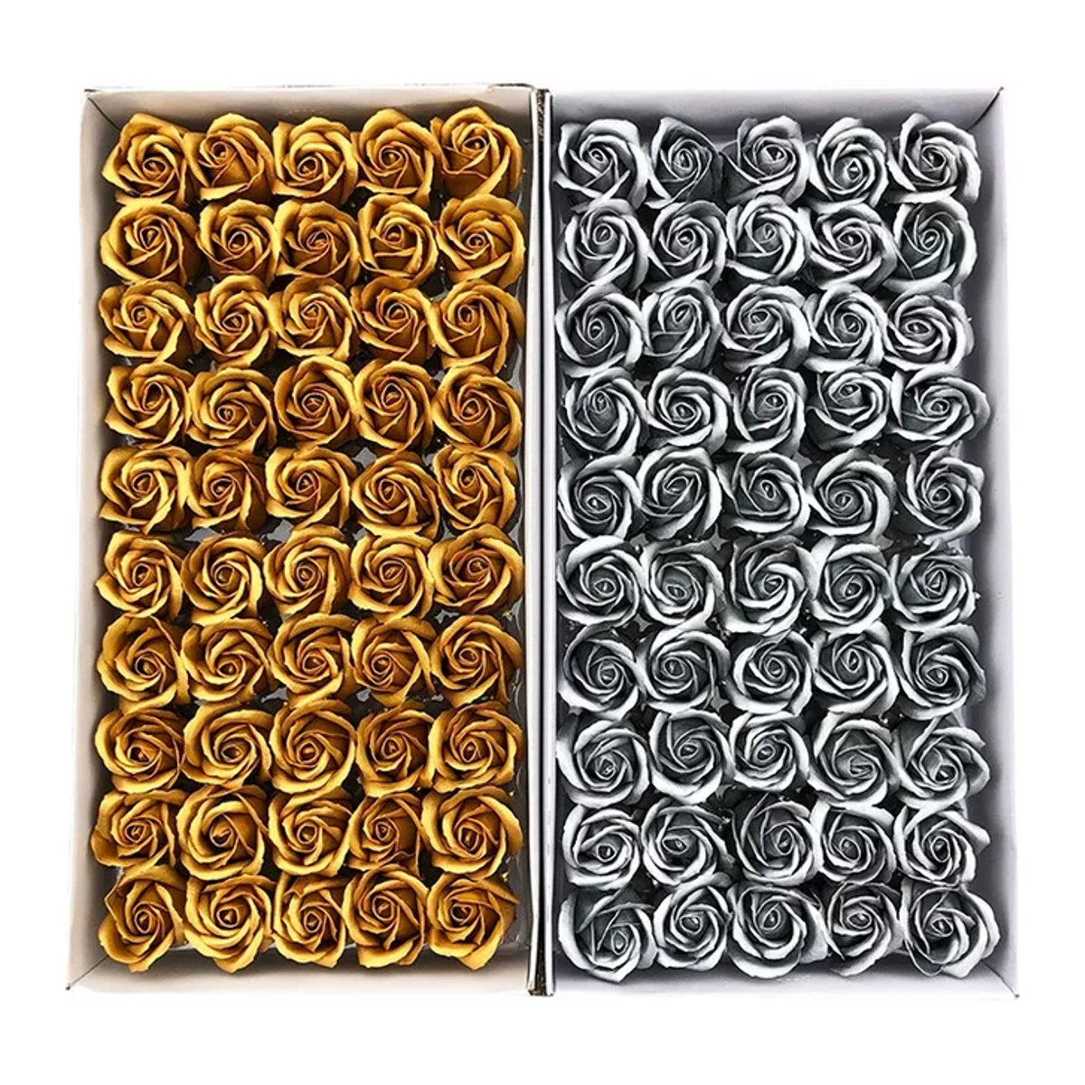 Spilewka Bastelset mit künstlichen Rosenblütenköpfen in Gold und Silber für DIY Dekorationen zu Hochzeit und Valentinstag - Bild 1