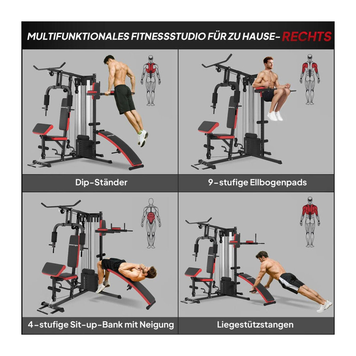 SPORTNOW Multifunktionale Kraftstation mit Butterfly, Latzugstange, Brustpresse und Sit-Up-Bank, Schwarz, B/T/H: 175 x 225 x 200 cm - Bild 6