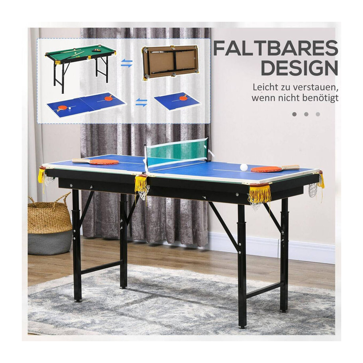SPORTNOW Multigame Spieletisch 2in1 Multifunktionstisch für Tischtennis und Billard, Stahl, Grün und Blau, B/H/T: 140 x 80 x 63 cm - Bild 3
