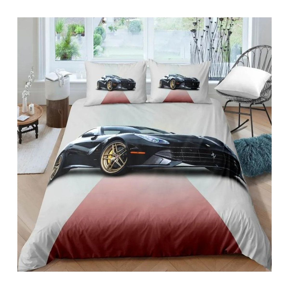 Sportwagen Bettwäsche Set mit Rennrad Motiv in Schwarz Weiß aus Polyester, Bettbezug und Kissenbezug für Jugendliche, B/H: 200 x 200 cm - Bild 1